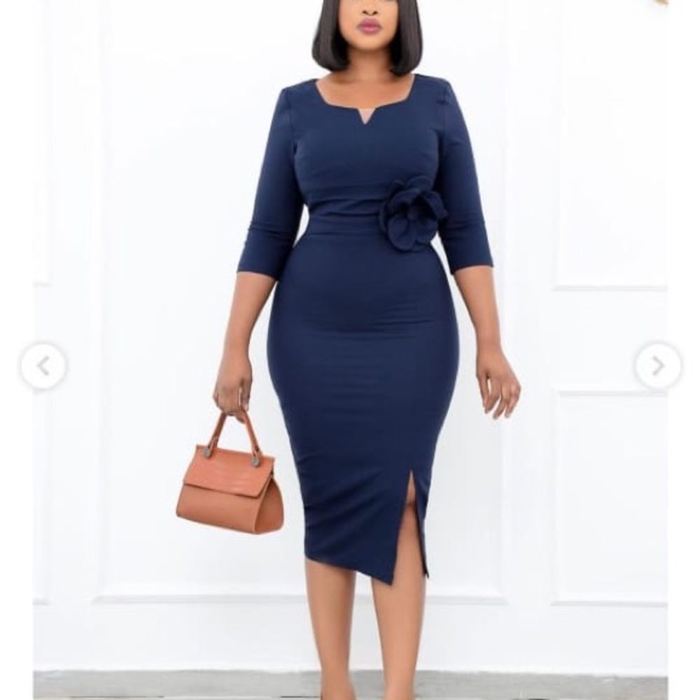 Navy midi career dress with front slit